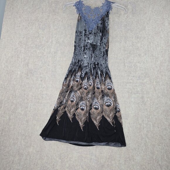 Peacock Pattern Sleeveless Maxi Dress With Lace Neckline Black/Brown Polyester - Picture 2 of 5
